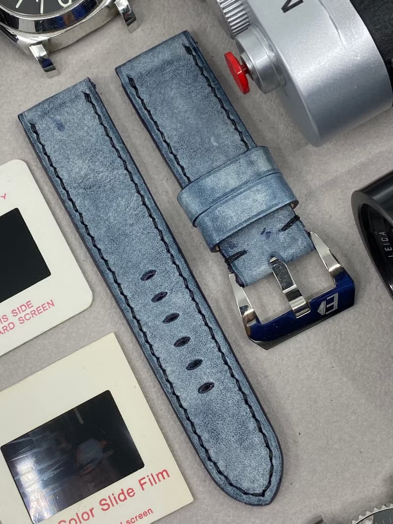 霧腊藍色皮革錶帶 24mm 沛納海手工表帶 Panerai 26mm 錶帶
