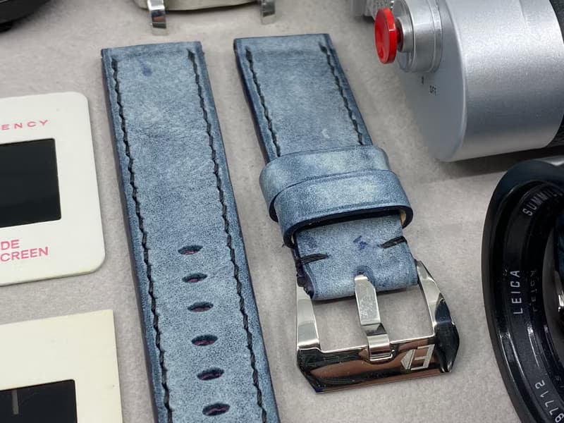 霧腊藍色皮革錶帶 24mm 沛納海手工表帶 Panerai 26mm 錶帶