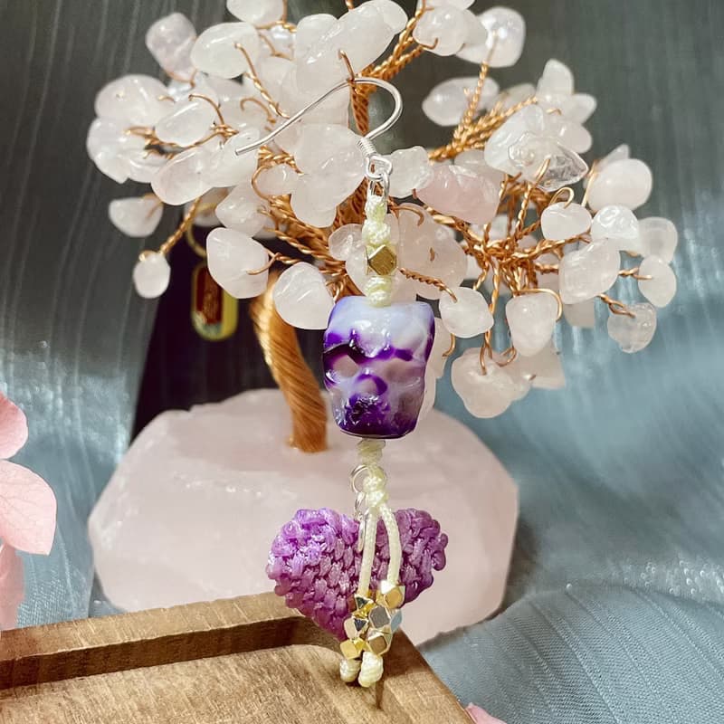 白紫雙面雕刻夜王屍陀林主心形編織個性款S925銀耳墜