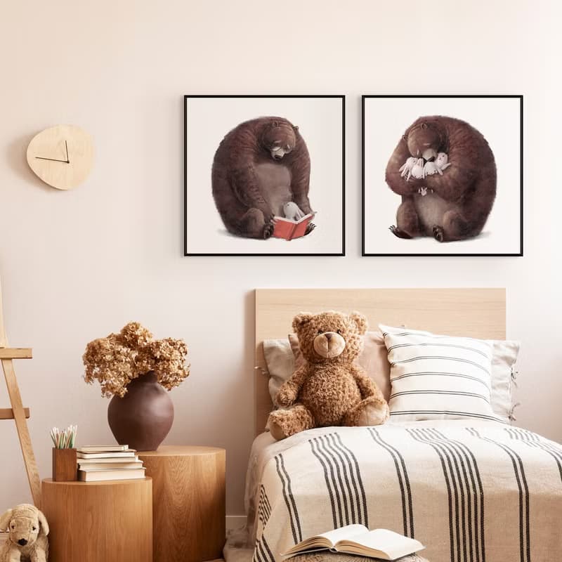 睡前說故事-可愛小熊與兔子掛畫/童話故事/佈置/兒童房擺設/插畫