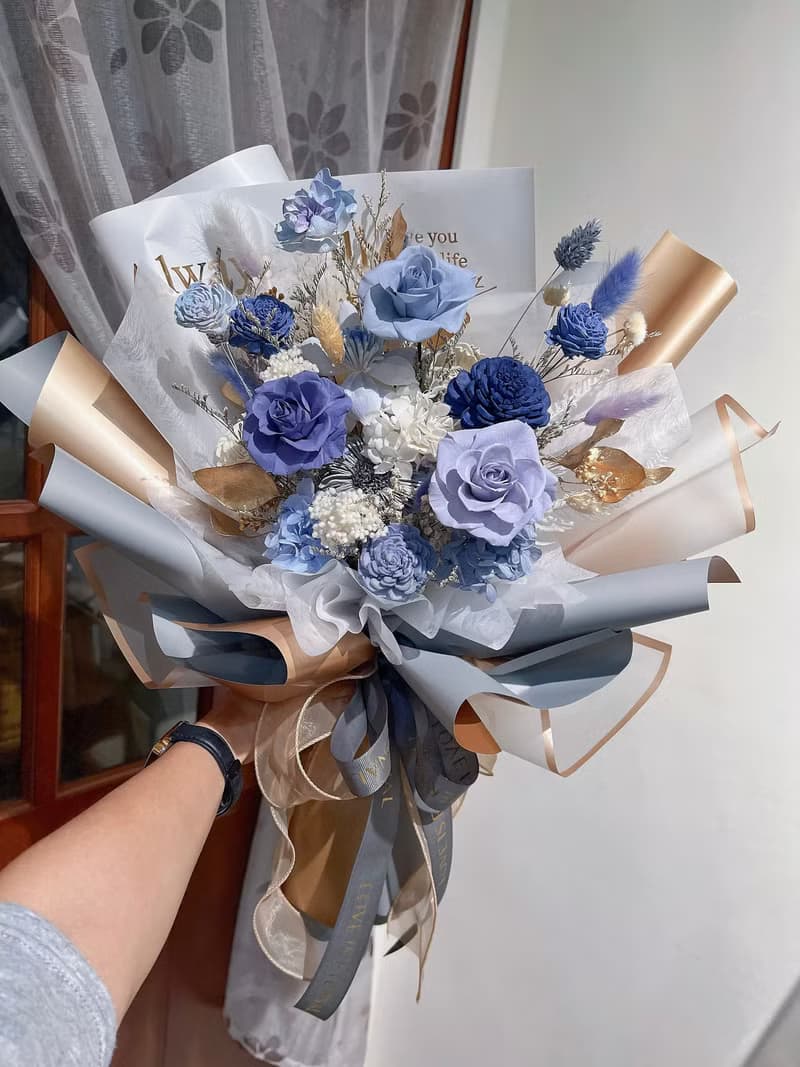 FengFlower 【莫蘭迪藍不凋玫瑰花束】乾燥花/不凋花/永生花/送禮