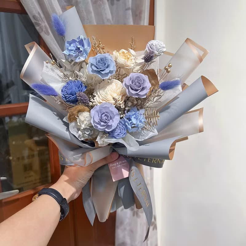 FengFlower 【莫蘭迪藍不凋玫瑰花束】乾燥花/不凋花/永生花/送禮