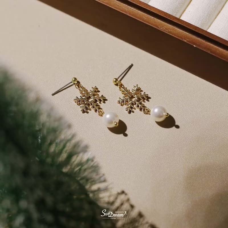 雪花銅片珍珠耳環 聖誕節禮物 聖誕節