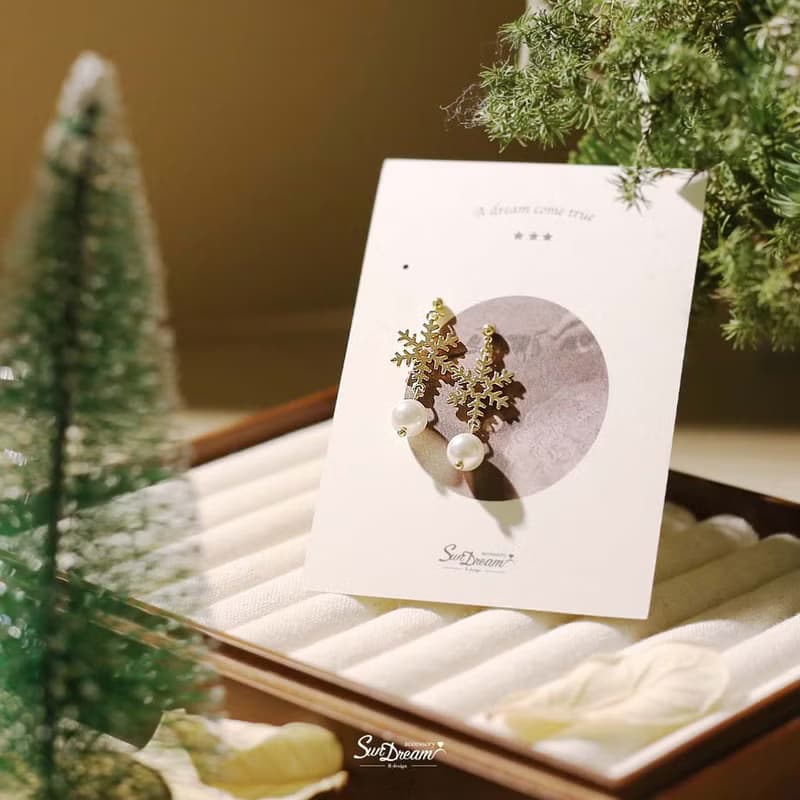 雪花銅片珍珠耳環 聖誕節禮物 聖誕節