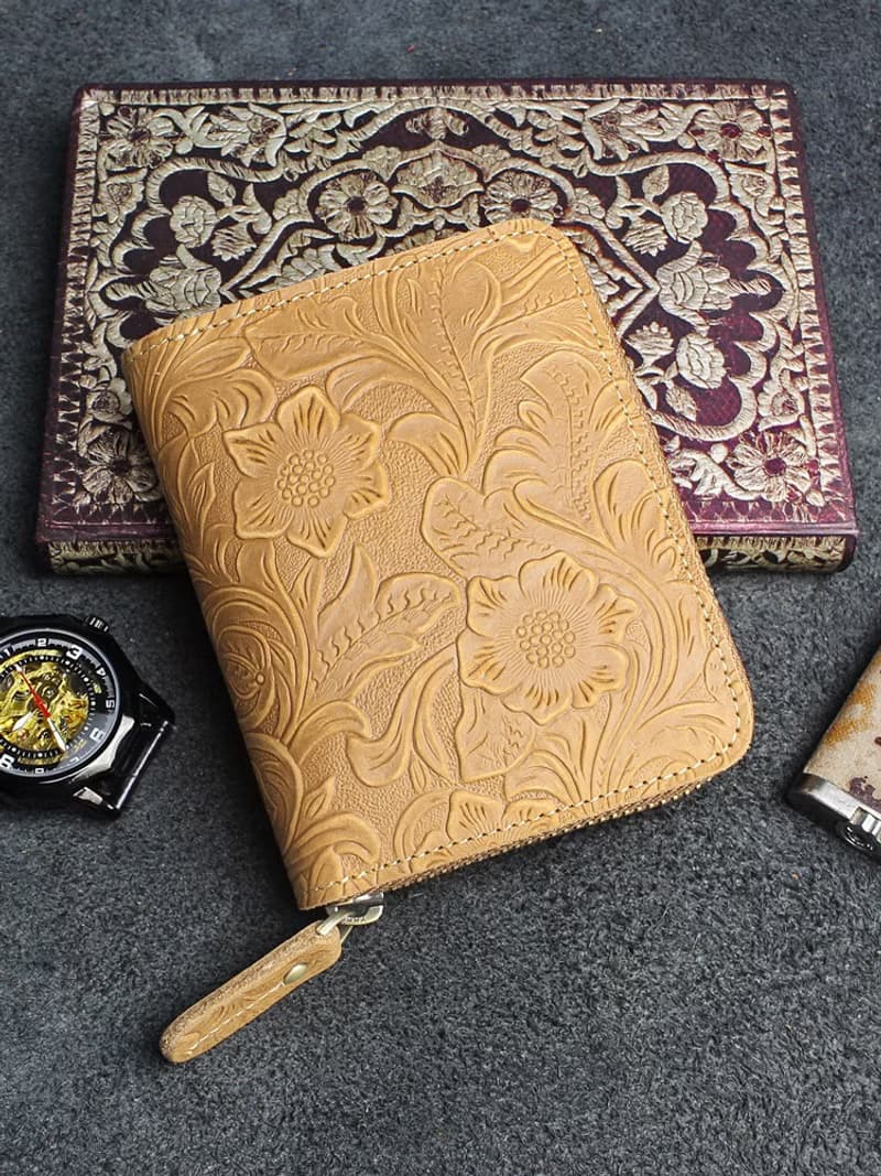 頭層牛皮 拉鏈真皮短夾/皮夾 獨特花紋短款錢包 禮盒