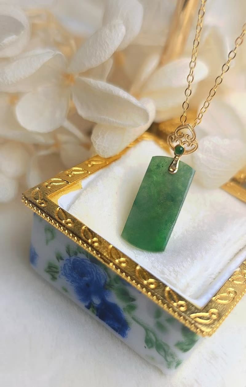 財富自由|純18k金冰綠無事牌|緬甸A貨翡翠如意頭吊墜項鍊