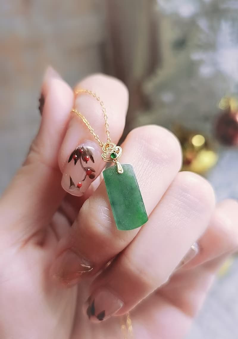 財富自由|純18k金冰綠無事牌|緬甸A貨翡翠如意頭吊墜項鍊