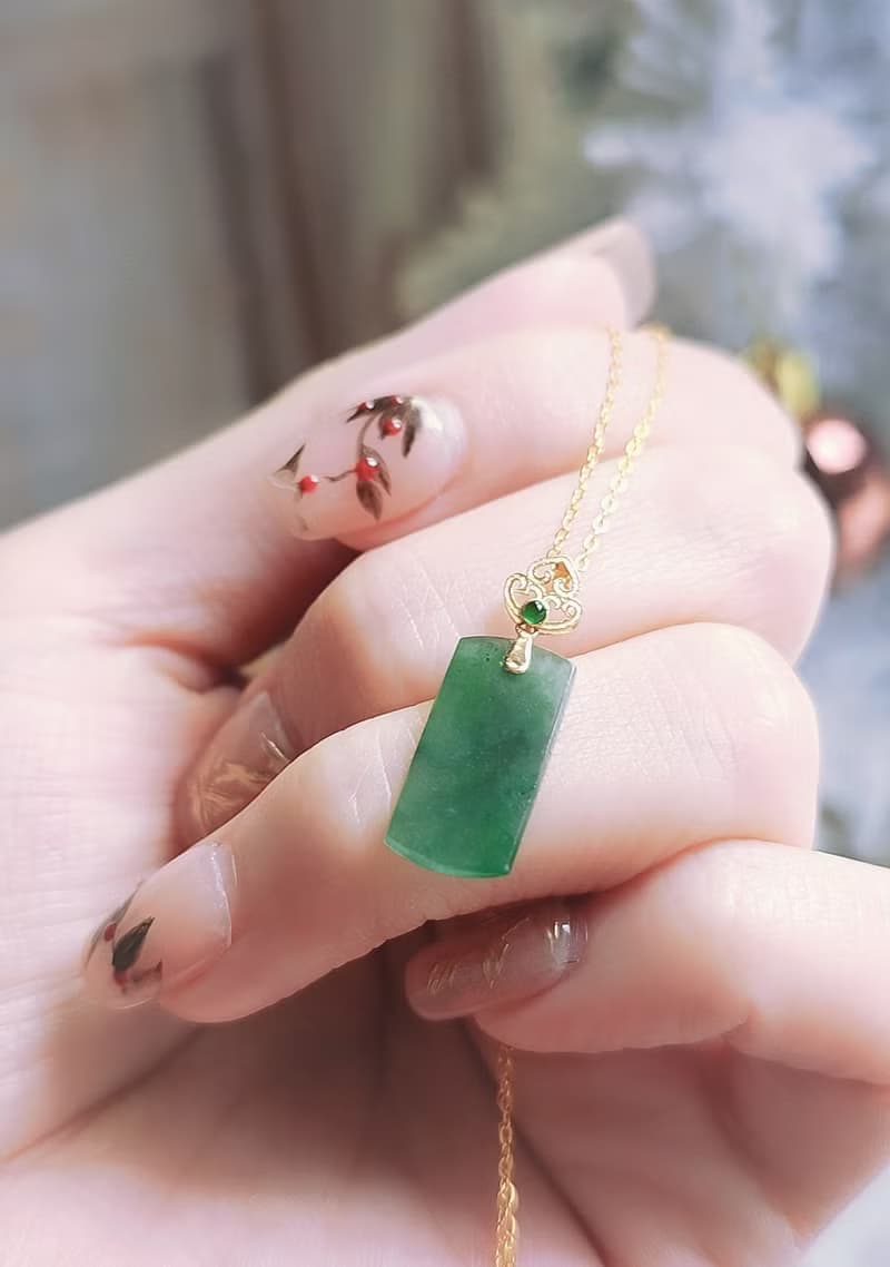 財富自由|純18k金冰綠無事牌|緬甸A貨翡翠如意頭吊墜項鍊