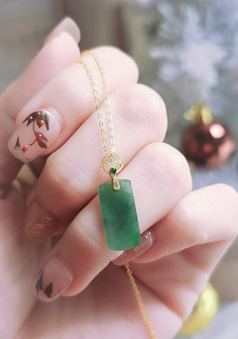 財富自由|純18k金冰綠無事牌|緬甸A貨翡翠如意頭吊墜項鍊