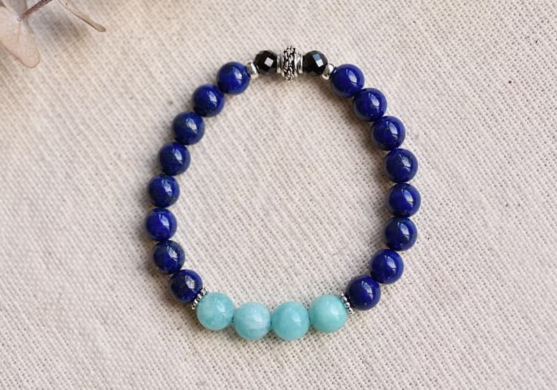 天河石+青金石+尖晶石純銀水晶手鍊