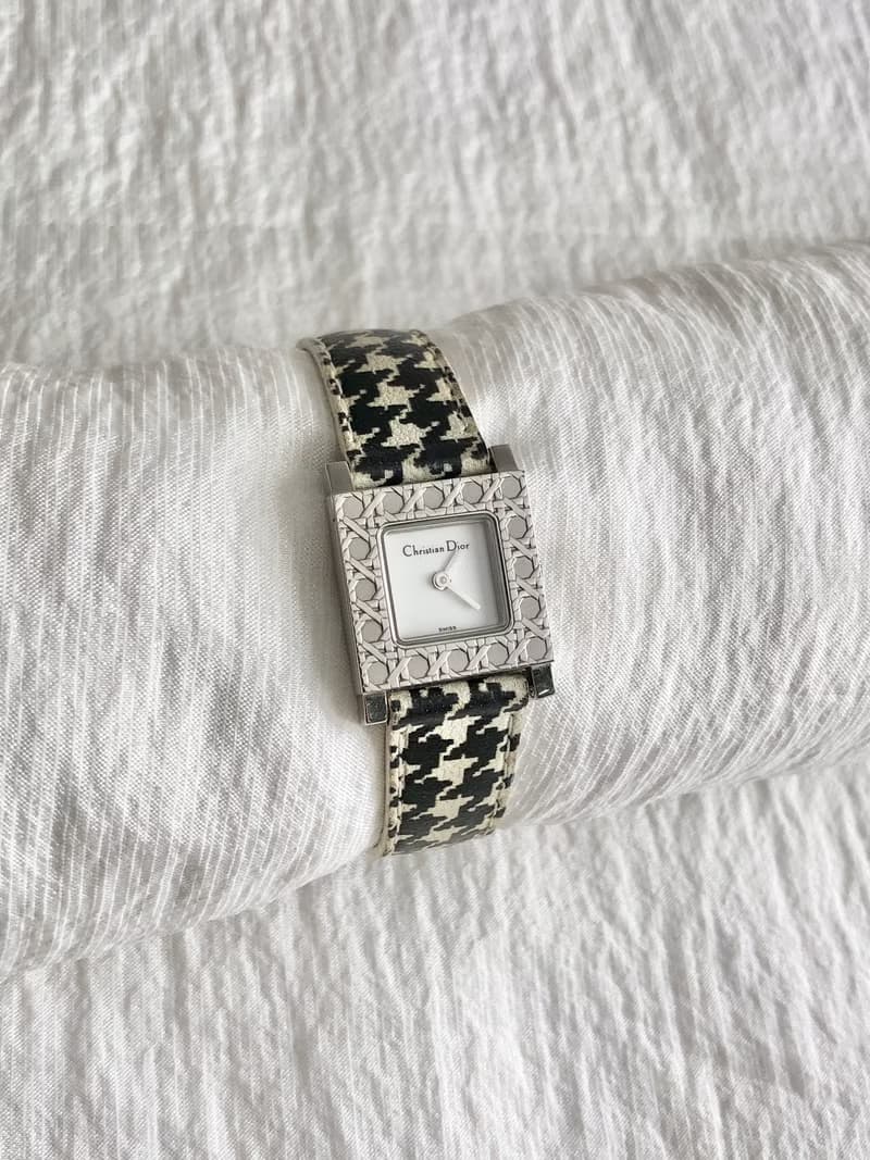 【 日本直送　名牌中古包 】Christian Dior ラ・パリジェンヌ 腕時計 ブラック ホワイト 千鳥柄 クォーツ カナージュ jw4b2h