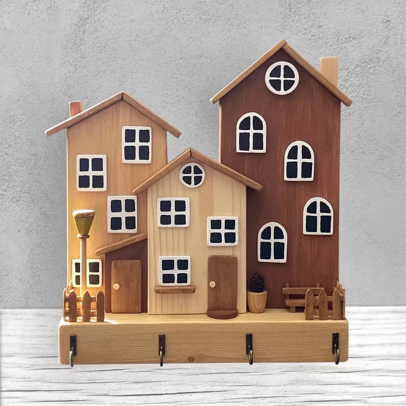 Wood Key Holder with 3 Houses 4 Hooks for Entryway Kitchen Hallway Office