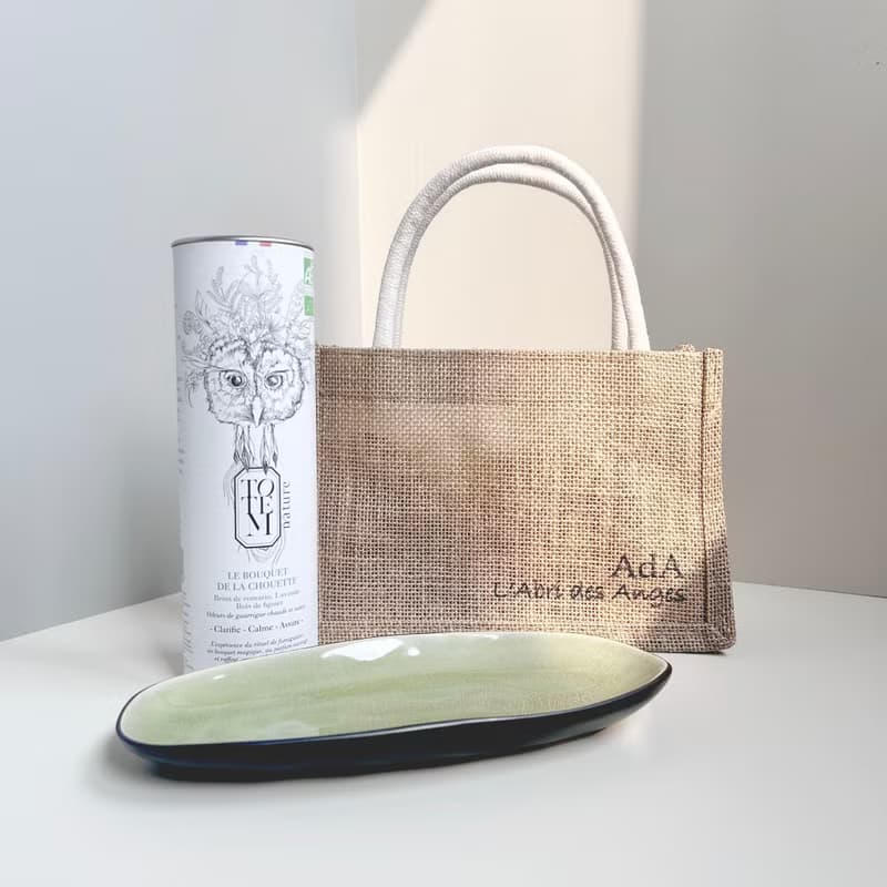 法國Totem Nature 有機淨化薰香套装 【貓頭鷹花束+瓷盤+棉麻提袋