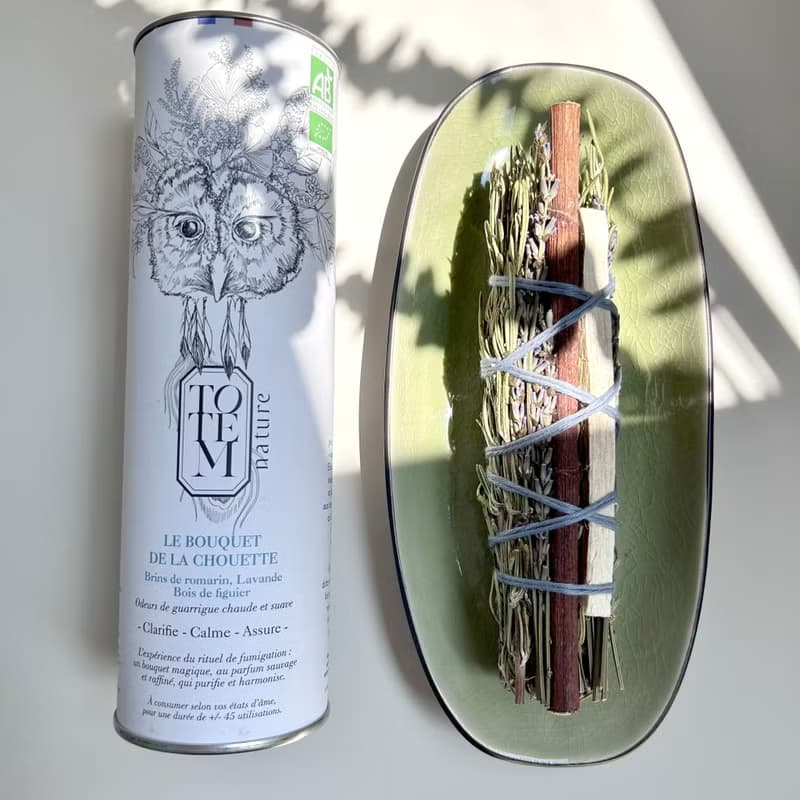 法國Totem Nature 有機淨化薰香套装 【貓頭鷹花束+瓷盤+棉麻提袋