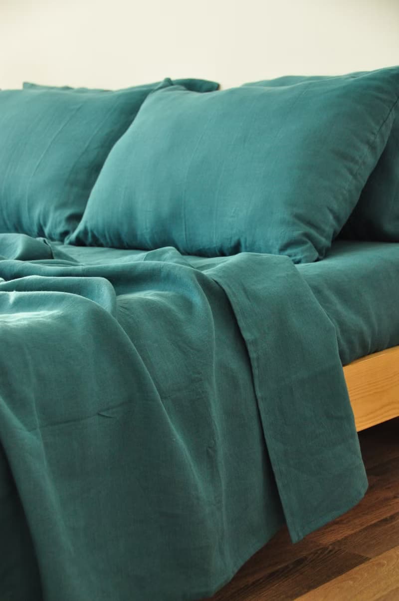 Teal linen sheet set / Flat+fitted sheet+2 pillowcases / Blue bedding