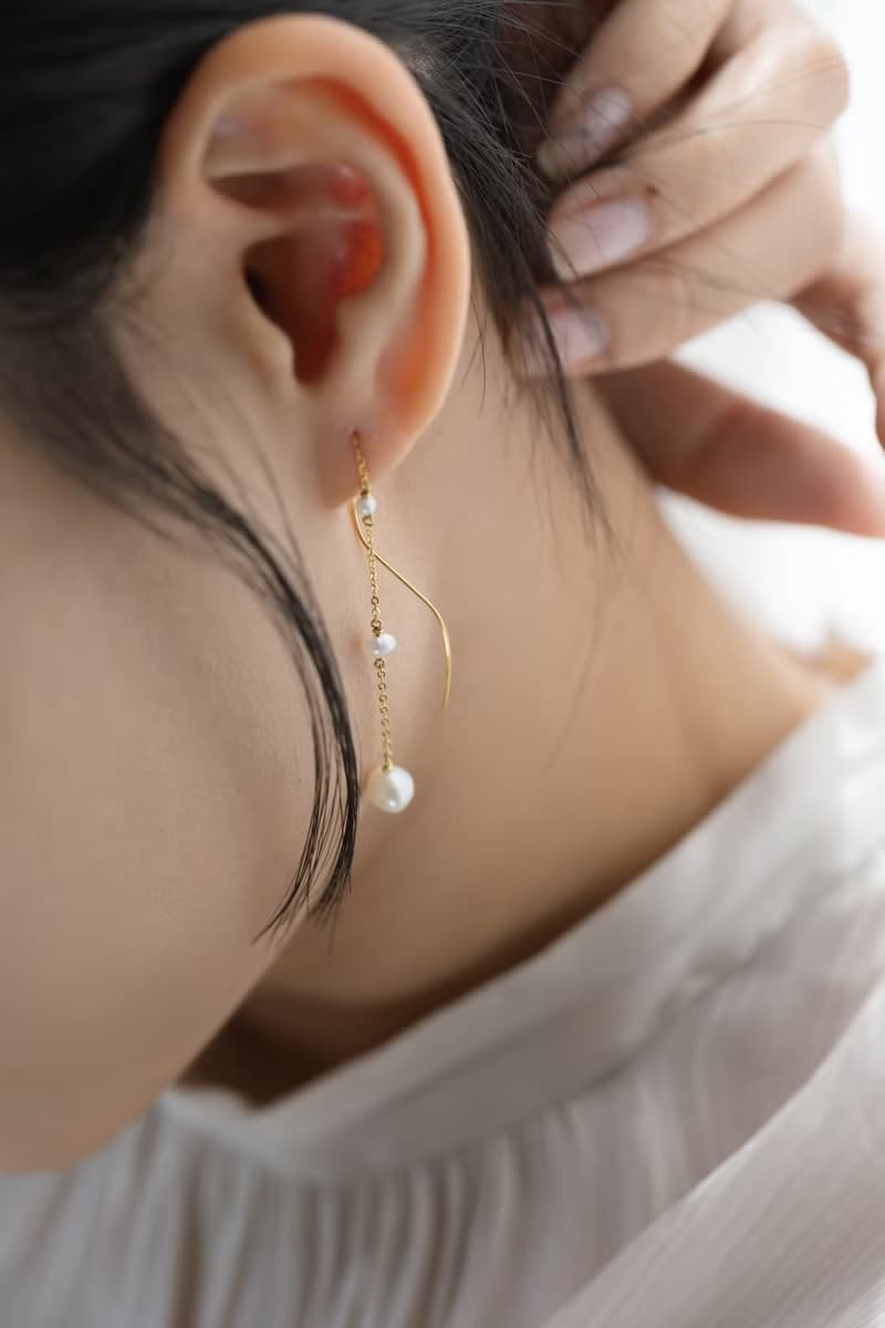 Dating 波浪珍珠 手工長鍊耳環 925純銀鍍18k金