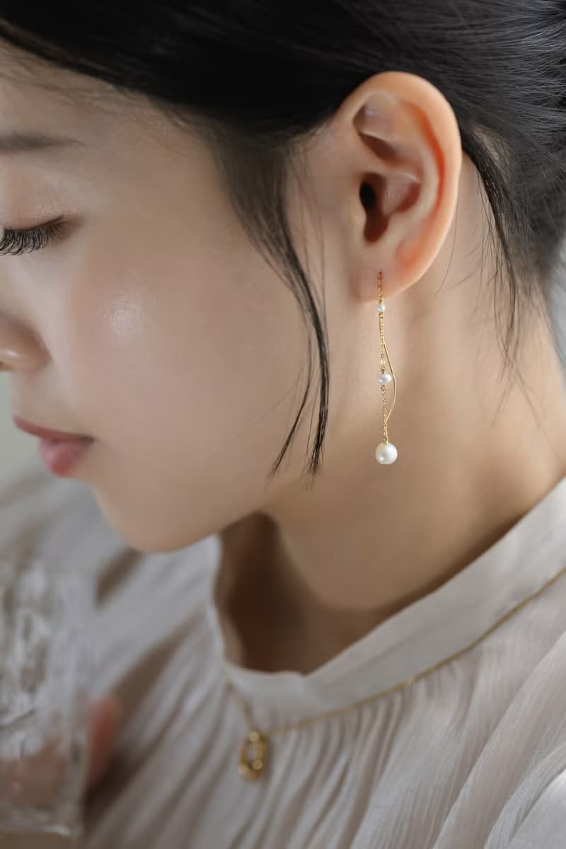 Dating 波浪珍珠 手工長鍊耳環 925純銀鍍18k金