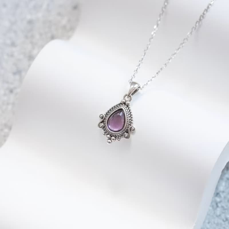 蛋面紫水晶925純銀巴洛克風格項鍊