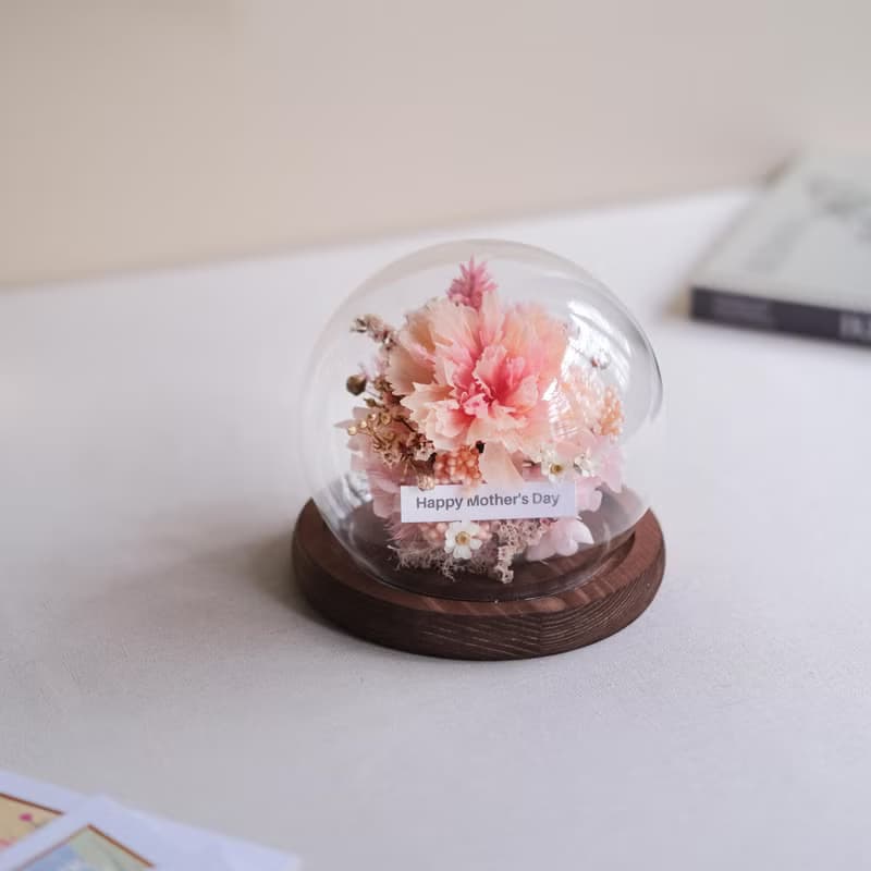 母親節康乃馨永生花玻璃盅復古木座/共9色/附卡片提袋/禮物