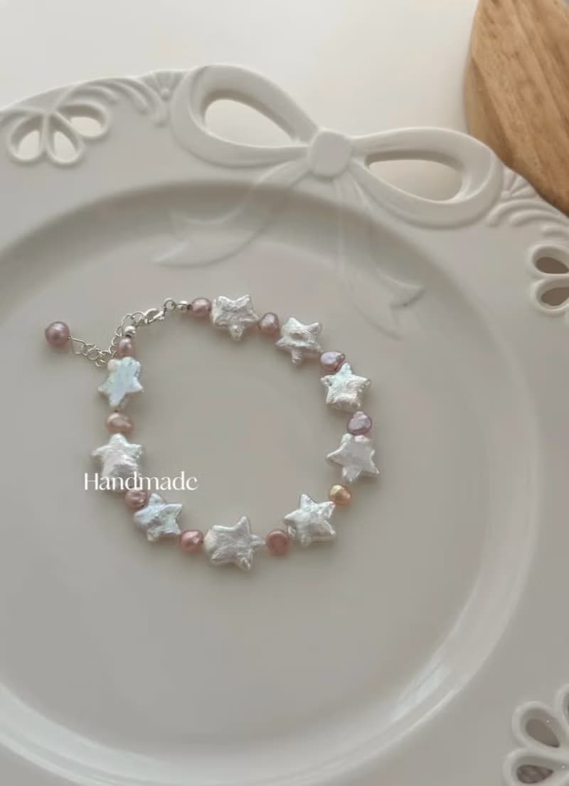 YuanPearl天然極光巴洛剋星星珍珠設計款手鏈純銀手鏈