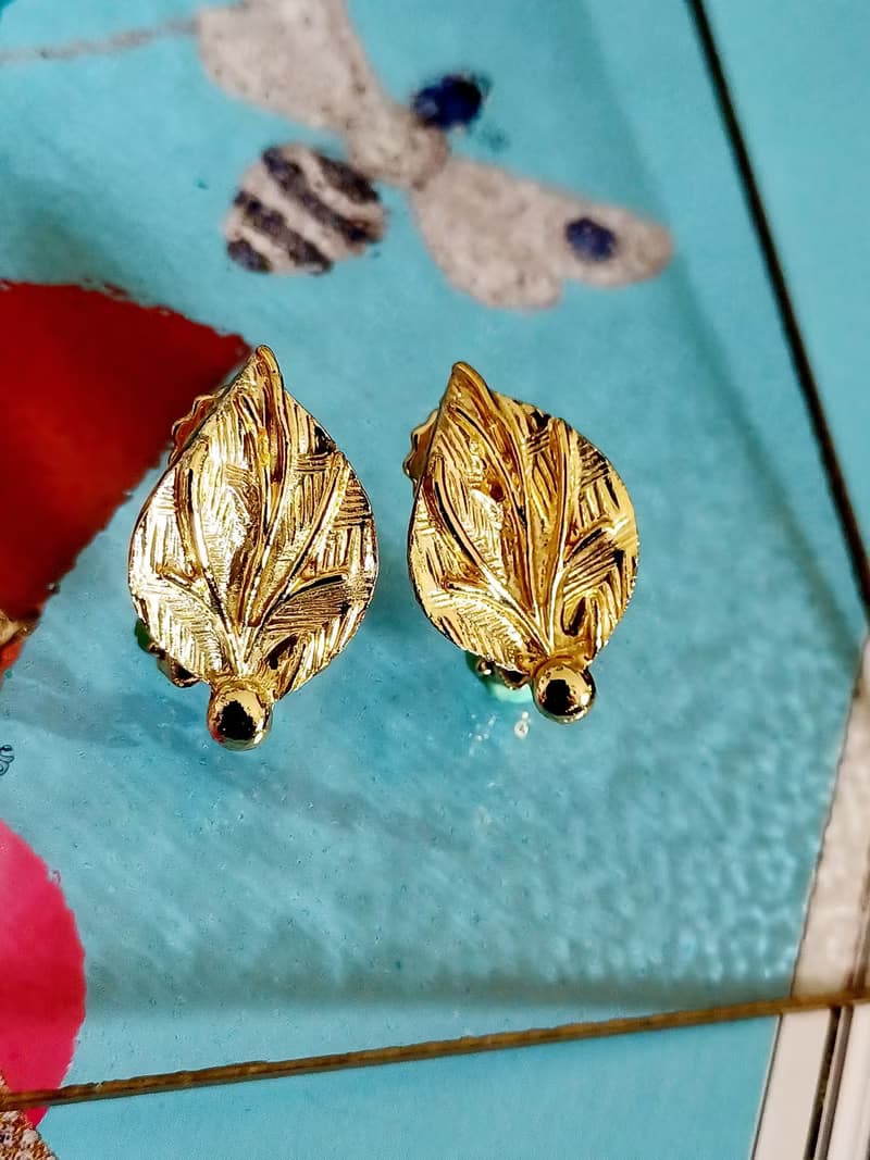 vintage jewelry  古典立體金色葉脈  夾式耳環