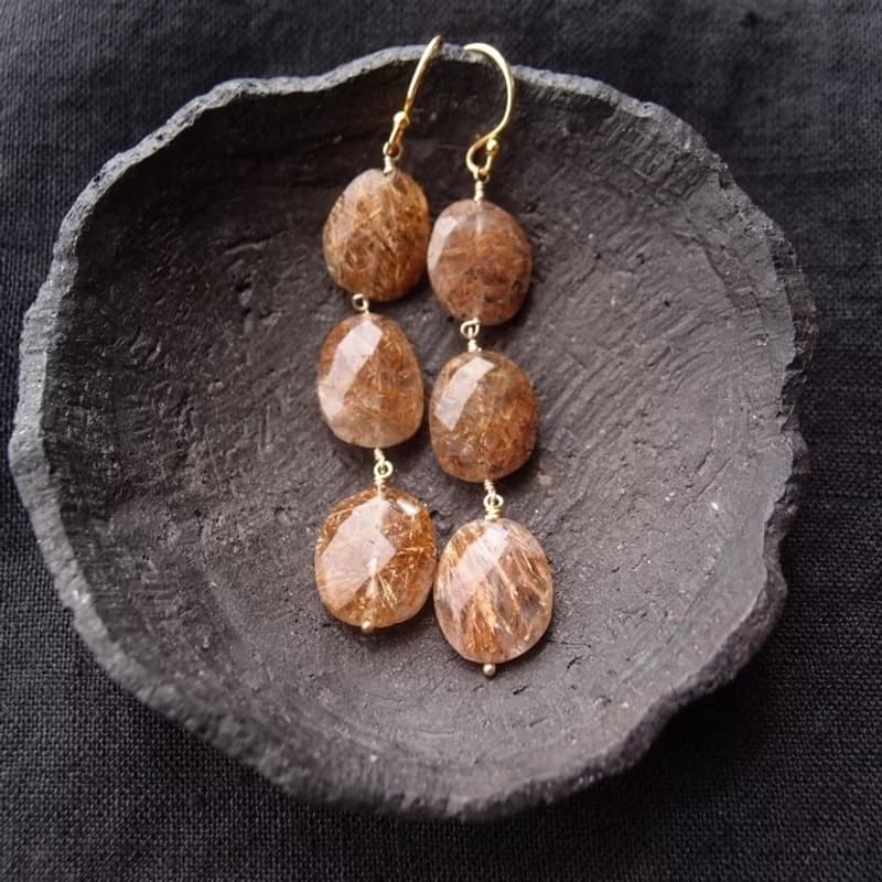 【K14gf】Copper Rutilated Quartz Earrings　コッパールチル ロングピアス
