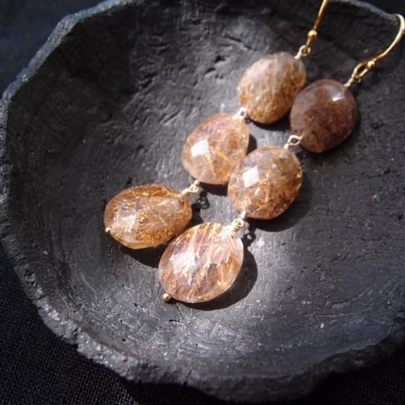 【K14gf】Copper Rutilated Quartz Earrings　コッパールチル ロングピアス