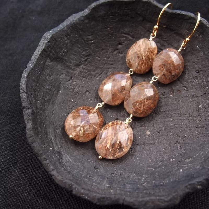 【K14gf】Copper Rutilated Quartz Earrings　コッパールチル ロングピアス