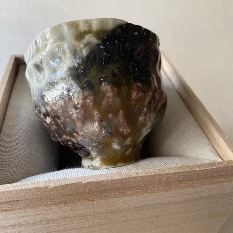 陶/柴燒/絞胎/絕美三色小杯/附木盒