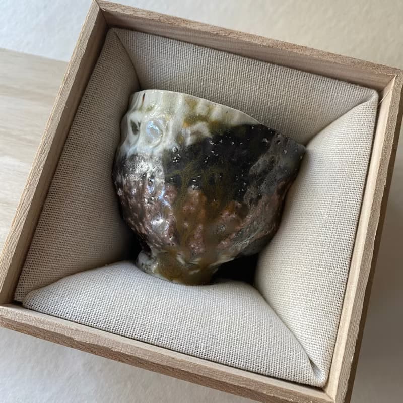 陶/柴燒/絞胎/絕美三色小杯/附木盒