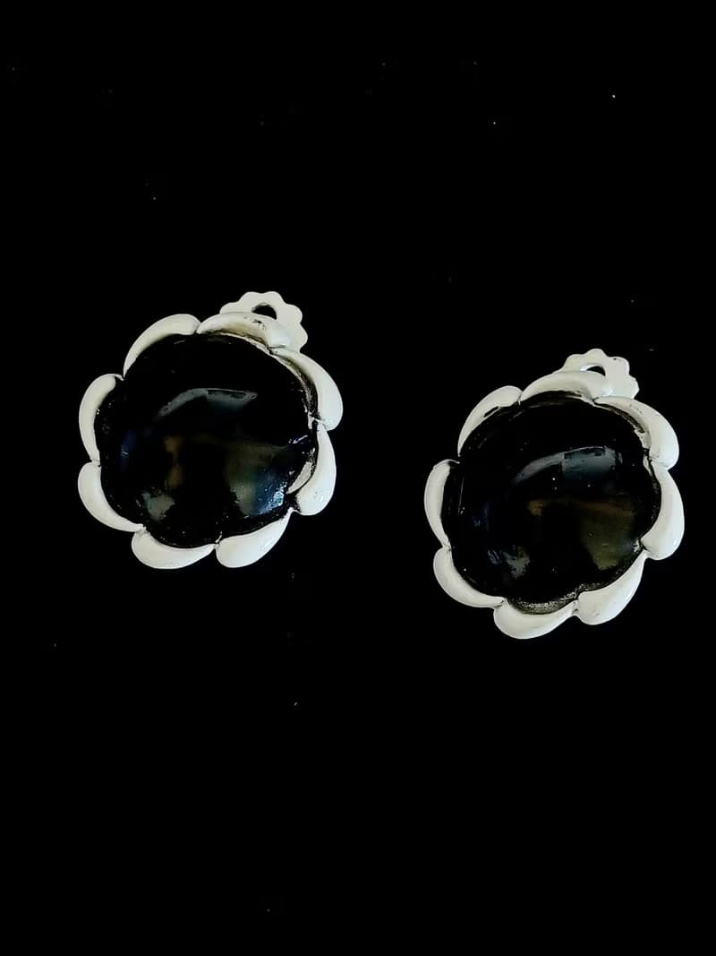 vintage jewelry  黑色大理石花 夾式耳環