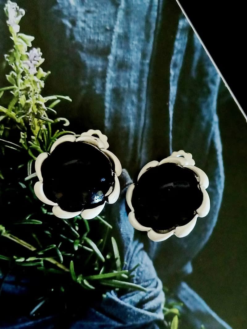 vintage jewelry  黑色大理石花 夾式耳環