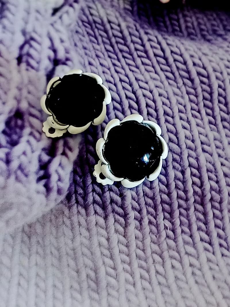 vintage jewelry  黑色大理石花 夾式耳環