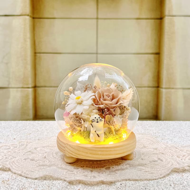貓咪/柴犬/永生花/乾燥花/夜燈/玻璃盅/玻璃罩