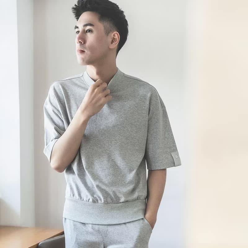 UMORFIL膠原蛋白素面五分袖男居家服-淺灰/父親節