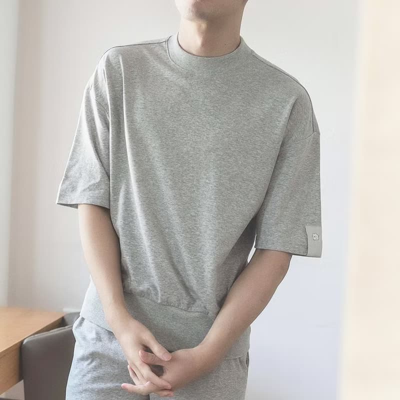 UMORFIL膠原蛋白素面五分袖男居家服-淺灰/父親節