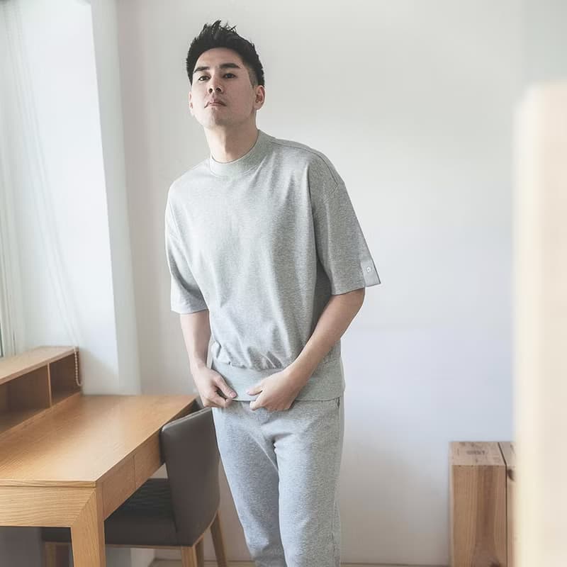 UMORFIL膠原蛋白素面五分袖男居家服-淺灰/父親節