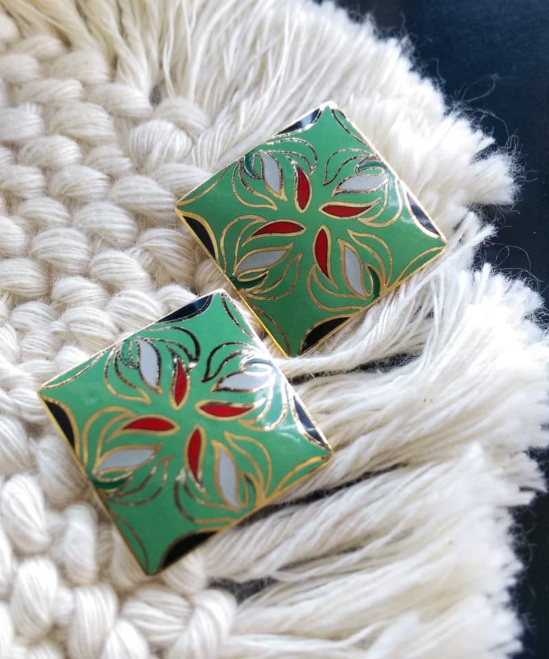 Vintage Jewelry 西洋古董飾品 景泰藍 綠底摩登 針式耳環