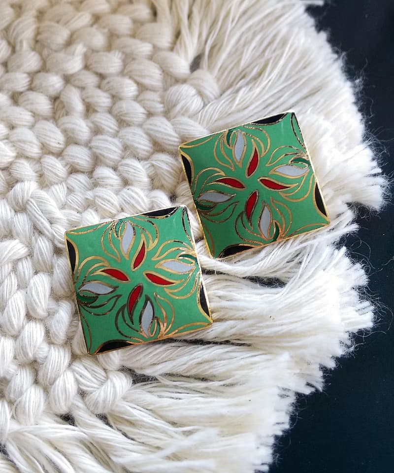 Vintage Jewelry 西洋古董飾品 景泰藍 綠底摩登 針式耳環