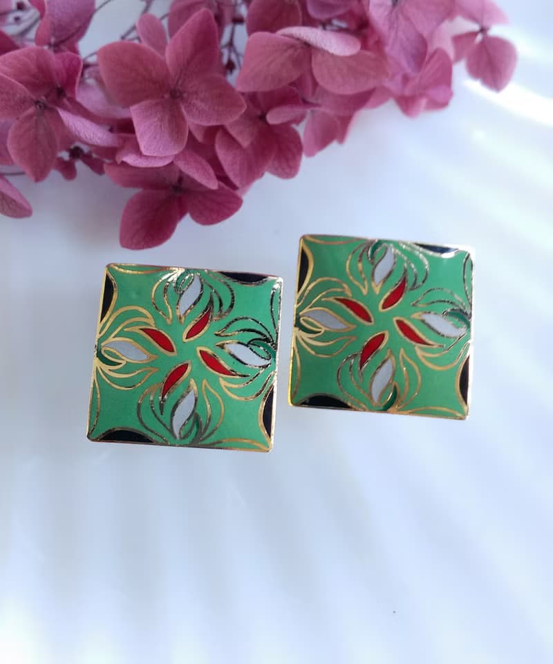 Vintage Jewelry 西洋古董飾品 景泰藍 綠底摩登 針式耳環