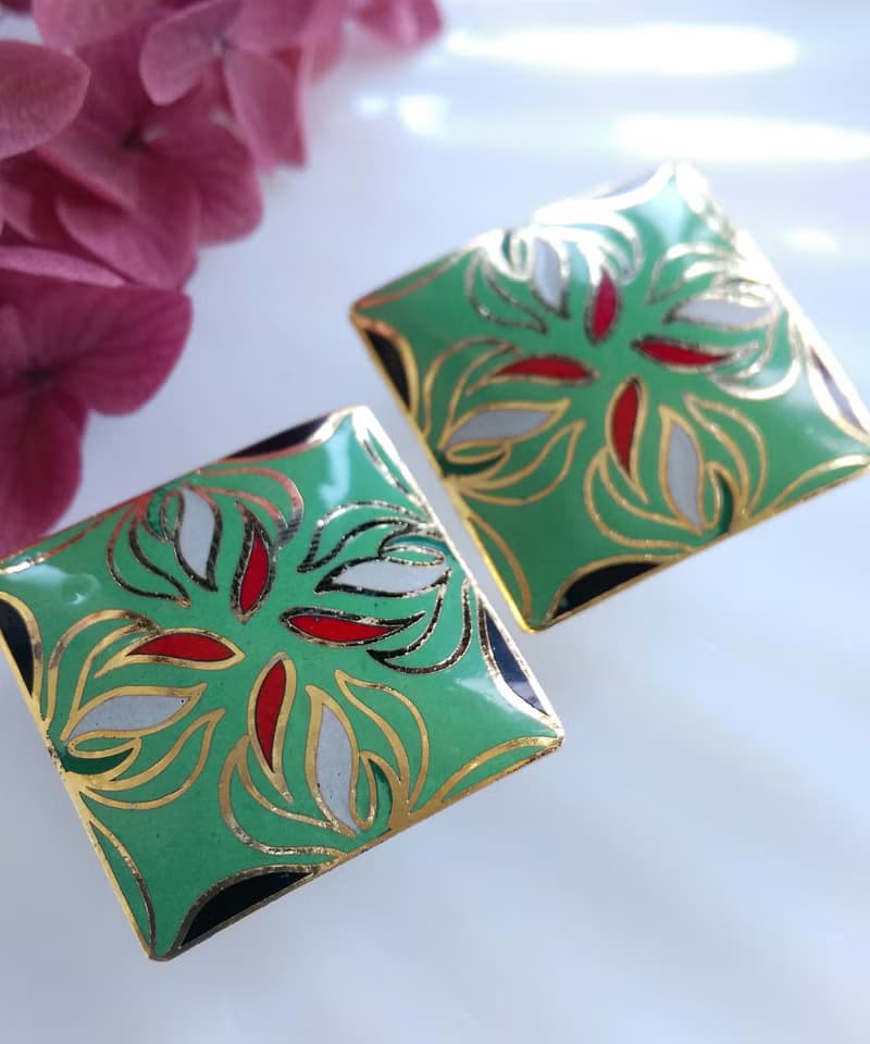 Vintage Jewelry 西洋古董飾品 景泰藍 綠底摩登 針式耳環