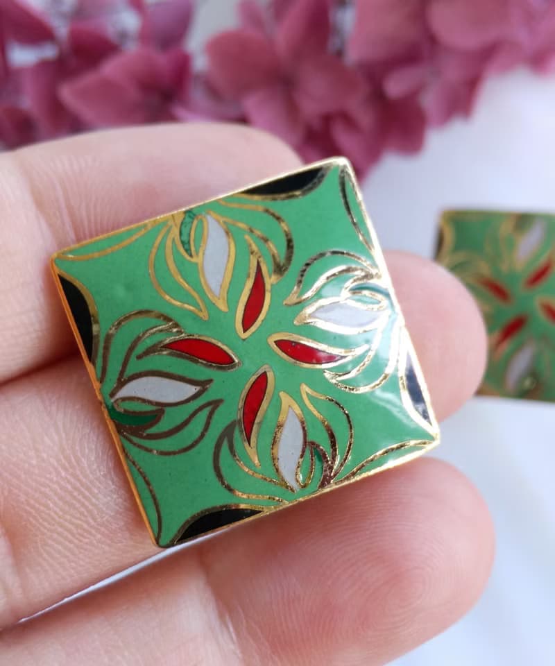 Vintage Jewelry 西洋古董飾品 景泰藍 綠底摩登 針式耳環