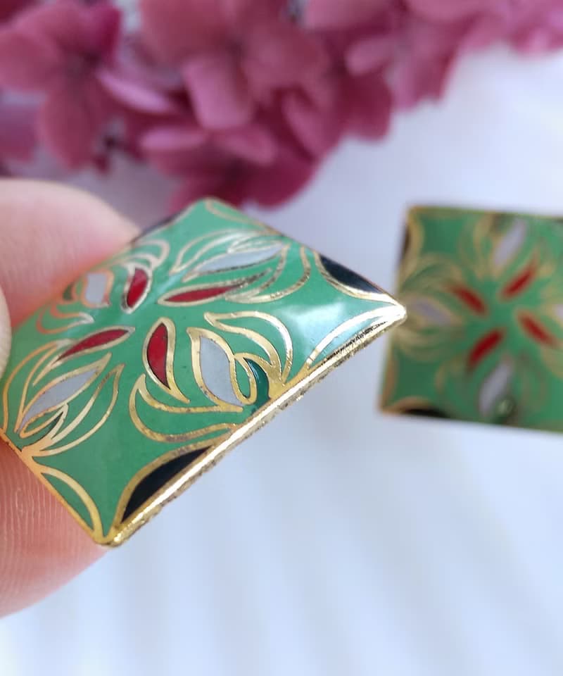 Vintage Jewelry 西洋古董飾品 景泰藍 綠底摩登 針式耳環
