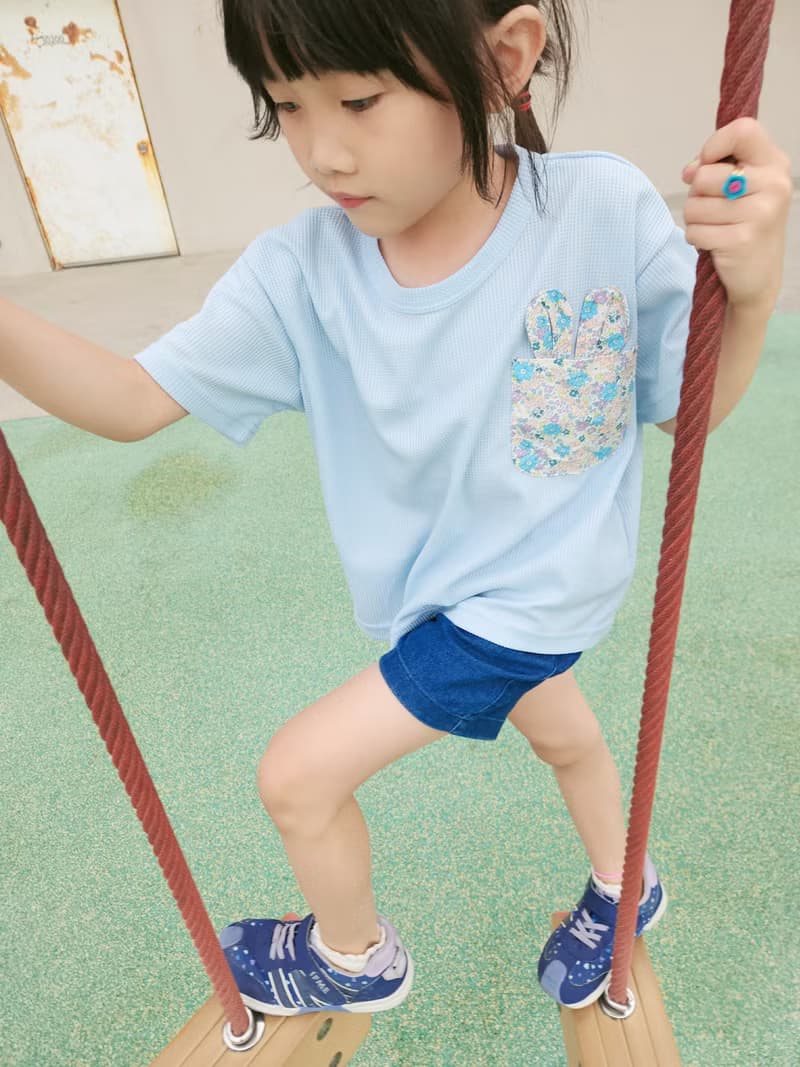 臺灣原創品牌Rakki more兔子口袋女童短袖上衣-藍色