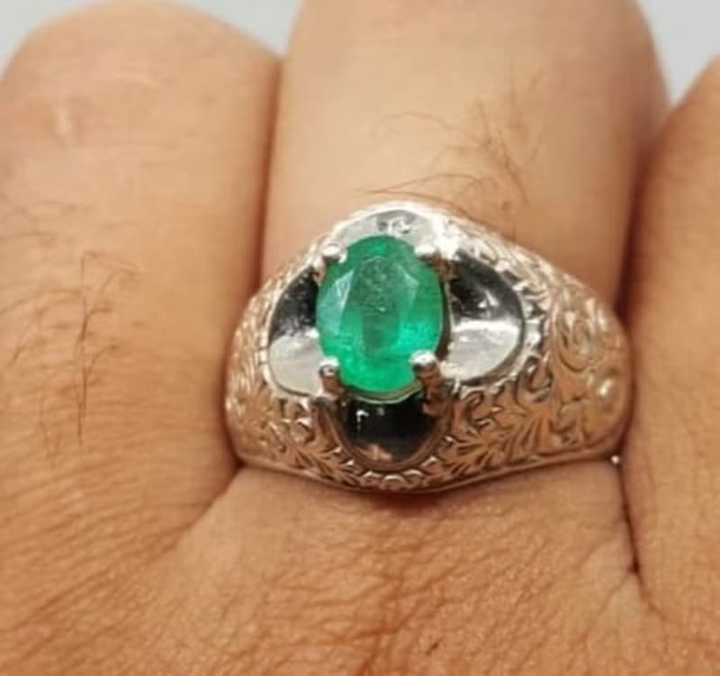 Natural Vivid Green Emerald Mens Ring Sterling Silver 925 Ring Hand Art Crafted