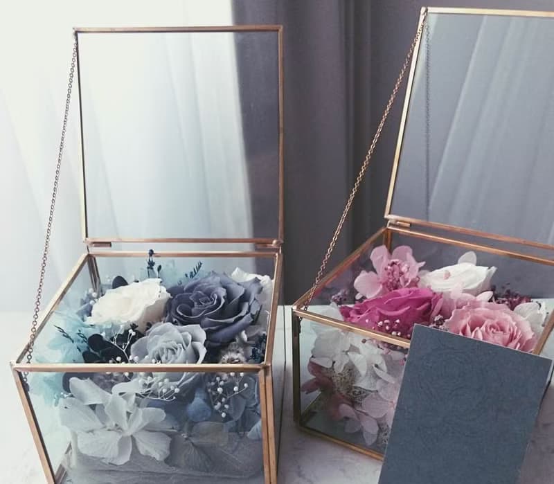 情人節精選花禮【銅框玻璃花房花禮】桃粉色永生花.戒盒