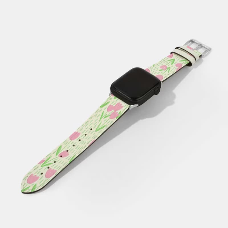 粉紅色鬱金香印花白色蘋果錶帶Apple Watch 4/5/6/7/8/9/SE/Ultra