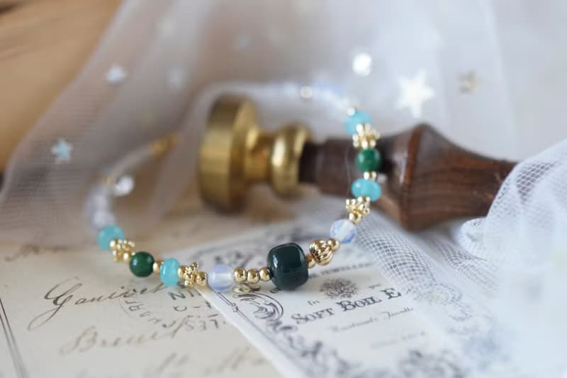 晴雨。阿拉善 蛋白石 天河石 鉻雲母 14KGP 天然石水晶 手鍊