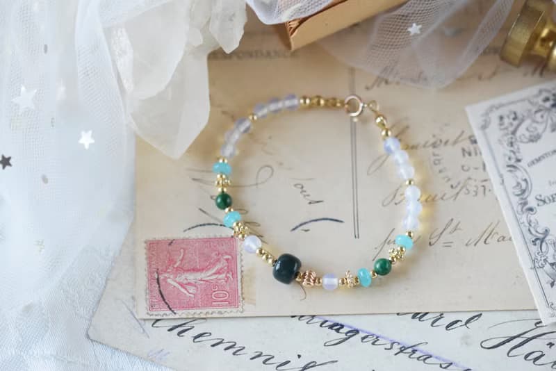 晴雨。阿拉善 蛋白石 天河石 鉻雲母 14KGP 天然石水晶 手鍊