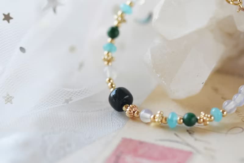 晴雨。阿拉善 蛋白石 天河石 鉻雲母 14KGP 天然石水晶 手鍊